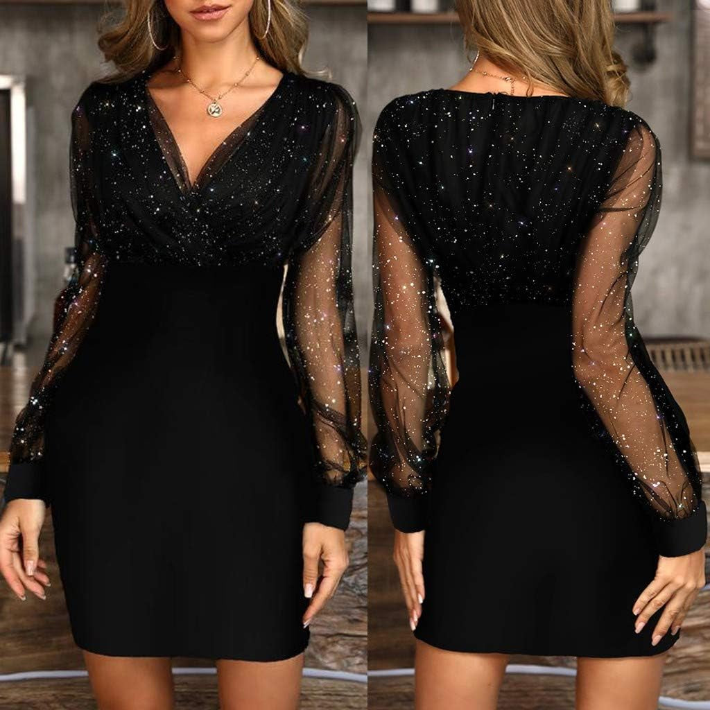 Pvucpot Robe De Soiree Femme Sexy Paillette Robes Courtes Taille Haute Col V Elegant Cocktail Bridesmaid Wedding Women Dresses Transparente Tulle Manche Longue Vintage Dress Femmes