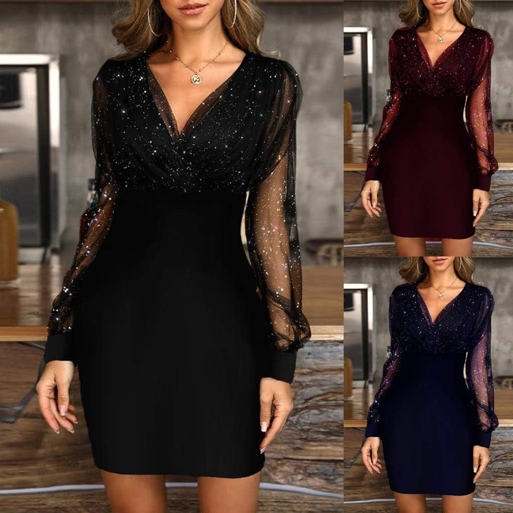 Pvucpot Robe De Soiree Femme Sexy Paillette Robes Courtes Taille Haute Col V Elegant Cocktail Bridesmaid Wedding Women Dresses Transparente Tulle Manche Longue Vintage Dress Femmes