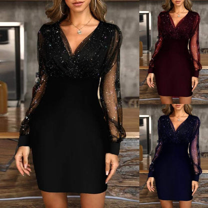 Pvucpot Robe De Soiree Femme Sexy Paillette Robes Courtes Taille Haute Col V Elegant Cocktail Bridesmaid Wedding Women Dresses Transparente Tulle Manche Longue Vintage Dress Femmes