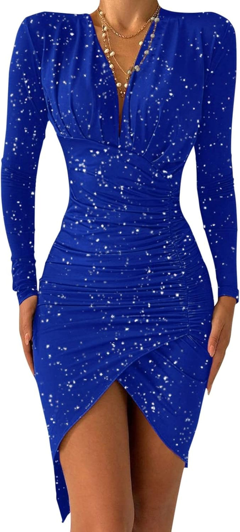 Pvucpot Robe De Cocktail Femme Manche Longue À Paillettes Robe Femme Automne Chic Et Elegant Col En V Robe Moulantes Sexy Mode Robe De Soirée Couleur Unie Robes De Bal Ourlet Irrégulier