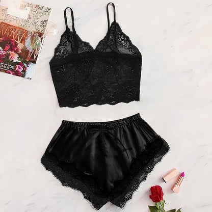 Women'S 2 Piece Sexy Lace Pajama Set See-Through Bralette Cami Top and Shorts Breathable Sleepwear plus Size Summer Lingerie