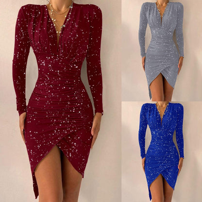 Pvucpot Robe De Cocktail Femme Manche Longue À Paillettes Robe Femme Automne Chic Et Elegant Col En V Robe Moulantes Sexy Mode Robe De Soirée Couleur Unie Robes De Bal Ourlet Irrégulier