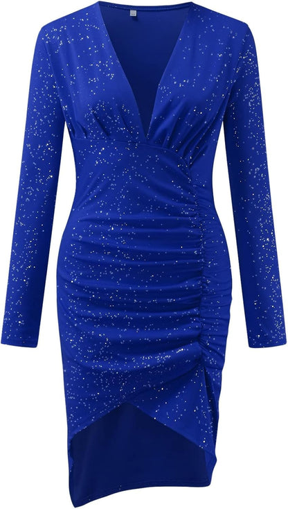 Pvucpot Robe De Cocktail Femme Manche Longue À Paillettes Robe Femme Automne Chic Et Elegant Col En V Robe Moulantes Sexy Mode Robe De Soirée Couleur Unie Robes De Bal Ourlet Irrégulier