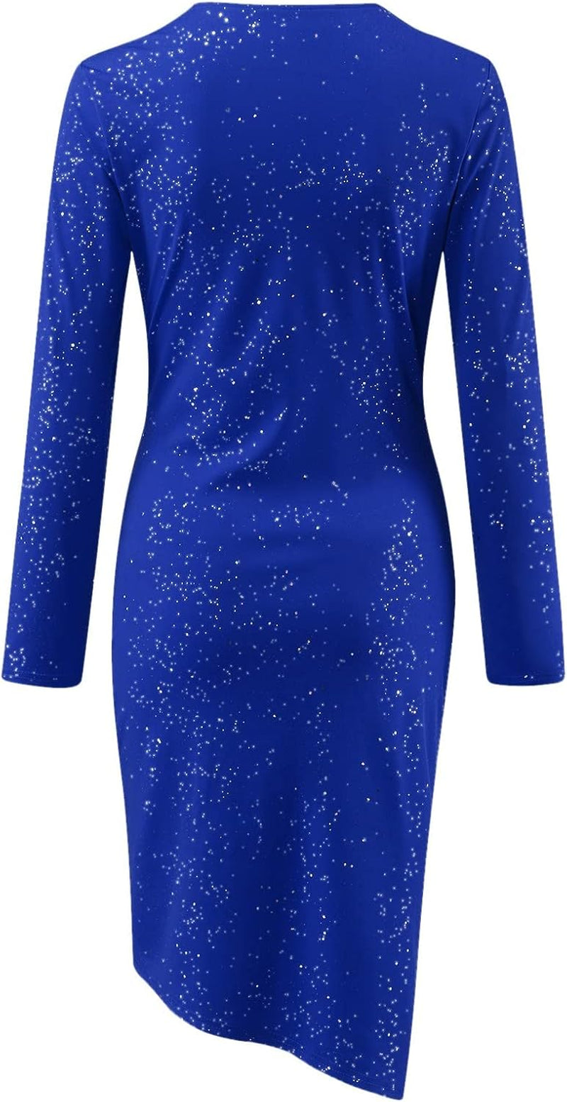 Pvucpot Robe De Cocktail Femme Manche Longue À Paillettes Robe Femme Automne Chic Et Elegant Col En V Robe Moulantes Sexy Mode Robe De Soirée Couleur Unie Robes De Bal Ourlet Irrégulier