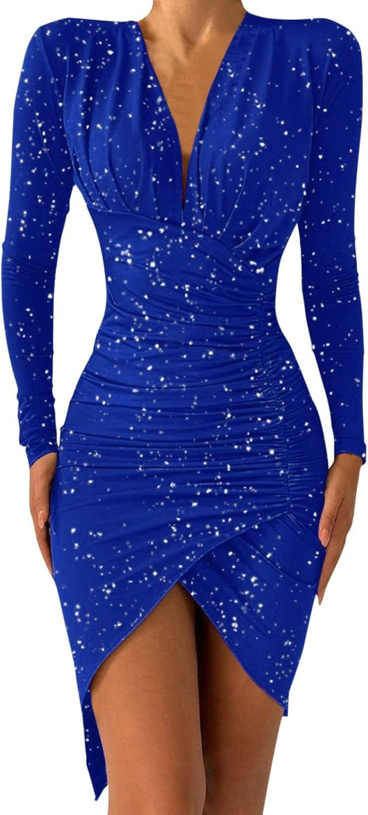 Pvucpot Robe De Cocktail Femme Manche Longue À Paillettes Robe Femme Automne Chic Et Elegant Col En V Robe Moulantes Sexy Mode Robe De Soirée Couleur Unie Robes De Bal Ourlet Irrégulier